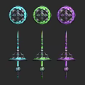 Three Colorful Weapons With Spiral Design Sharp Tops And Decorative Bases