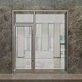 Large Glass Door On Gray Marble Wall Reflecting City Skyscrapers With Light Colored Tile Floor