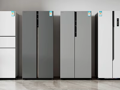 Different Styles of White Dark Gray Light Gray Refrigerators Standing Against Wall On Tile Floor 3d model