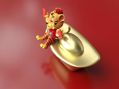 Tiger Sculpture Carving With Red Hat Holding Item Sitting On Gold Ingot On Red Background 3d model