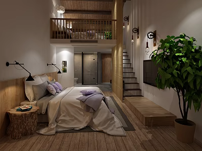 Loft Style Hotel Room Interior With Wooden Staircase Large Plant And Tree Stump Nightstand 3d model
