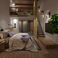 Loft Style Hotel Room Interior With Wooden Staircase Large Plant And Tree Stump Nightstand
