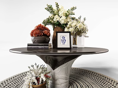 Decorative Round Table With Flowers In Vases Framed Art And Patterned Rug 3d model