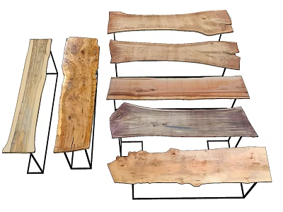 Natural Wood Grain Dining Tables With Metal Frames And Various Shapes 3d model