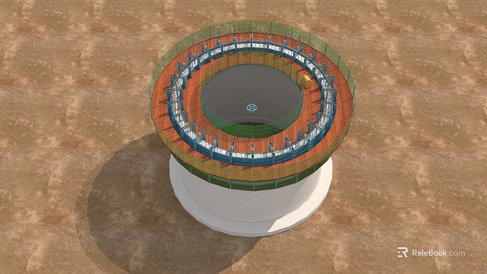 Circular Architectural Structure Components with Cylindrical Base Green Railings and Orange Layers 3d model