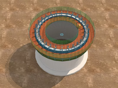 Circular Architectural Structure Components with Cylindrical Base Green Railings and Orange Layers 3d model