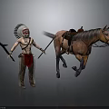 Native American Man in Feathered Headdress Holding Spear and Tomahawk with Running Horse