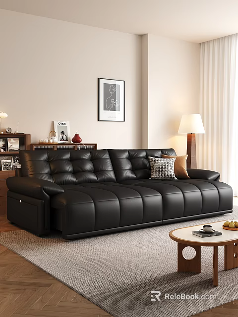 Modern Black Leather Sofa Coffee Table Set With Decorative Pillows In Living Room 3d model 