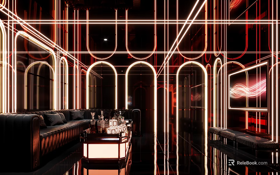 Luxury Private Room With Neon Lighting Arched Structures And Leather Sofa 3d model