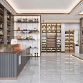 Modern Front Desk Reception Area With Glass Shelves And Wine Display Items