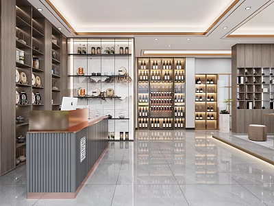 Modern Front Desk Reception Area With Glass Shelves And Wine Display Items 3d model