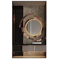 Modern Luxurious Bathroom Vanity With Round Copper Frame Mirror And Marble Countertop