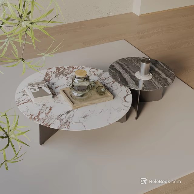 Modern Sofa Coffee Table Set with Circular Marble Tops Metal Legs and Decorative Items 3d model 