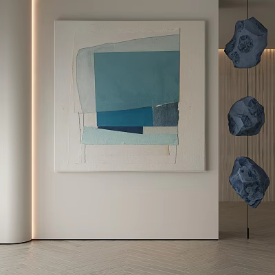 Abstract Painting With Blue Turquoise And White Geometric Shapes In Modern Interior Wall Decor 3d model