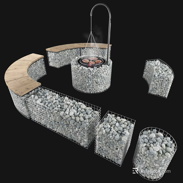 Outdoor Gabion Fire Pit Design With Stone Seating And Wooden Benches 3d model 