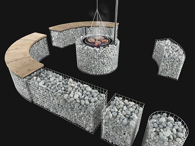 Outdoor Gabion Fire Pit Design With Stone Seating And Wooden Benches 3d model