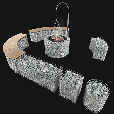 Outdoor Gabion Fire Pit Design With Stone Seating And Wooden Benches 3d model