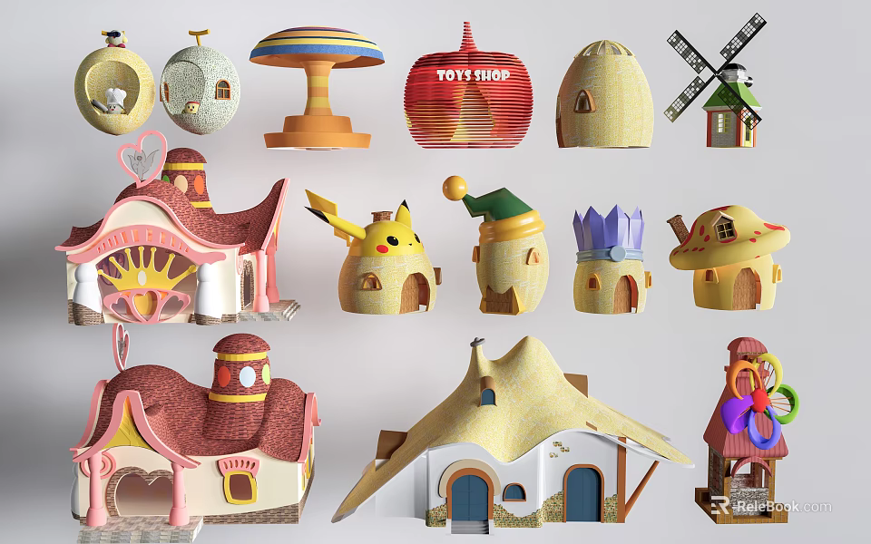 Colorful Playground Equipment with Mushroom Shaped Huts Windmill Toy Shop and Cartoon Style Structures 3d model 