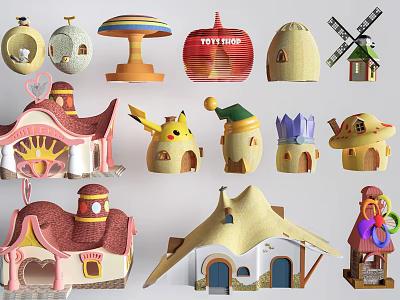 Colorful Playground Equipment with Mushroom Shaped Huts Windmill Toy Shop and Cartoon Style Structures 3d model