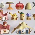 Colorful Playground Equipment with Mushroom Shaped Huts Windmill Toy Shop and Cartoon Style Structures