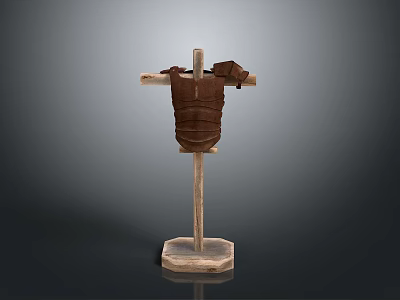 Medieval Weapon Brown Armor Displayed on Wooden Stand with Rustic Finish 3d model