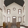 Sacred Church Interior With Wooden Pews Arched Windows And Cross Decoration