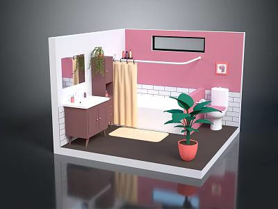 Bathroom Interior With Pink Walls And White Tiles Vanity Mirror Bathtub Toilet And Potted Plant 3d model