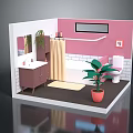 Bathroom Interior With Pink Walls And White Tiles Vanity Mirror Bathtub Toilet And Potted Plant