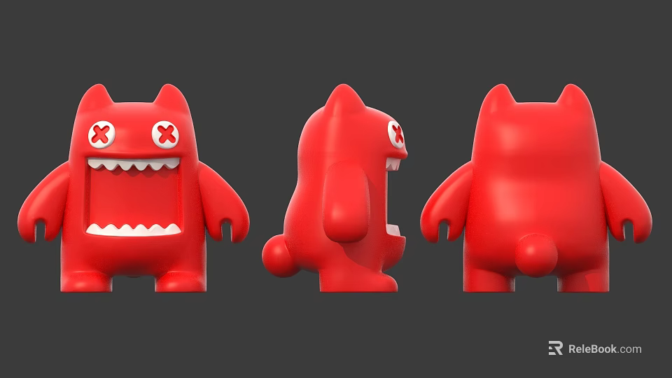 Red Cartoon Toy Figure With Crossed Eyes Open Mouth And Three Views Design 3d model 