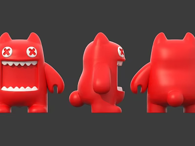 Red Cartoon Toy Figure With Crossed Eyes Open Mouth And Three Views Design 3d model