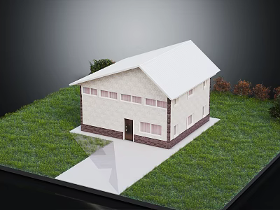 Light Colored House With White Roof Windows Green Grass Pathway And Trees 3d model