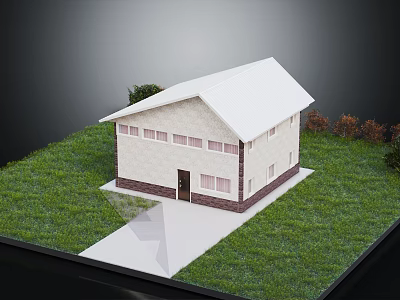 Light Colored House With White Roof Windows Green Grass Pathway And Trees 3d model