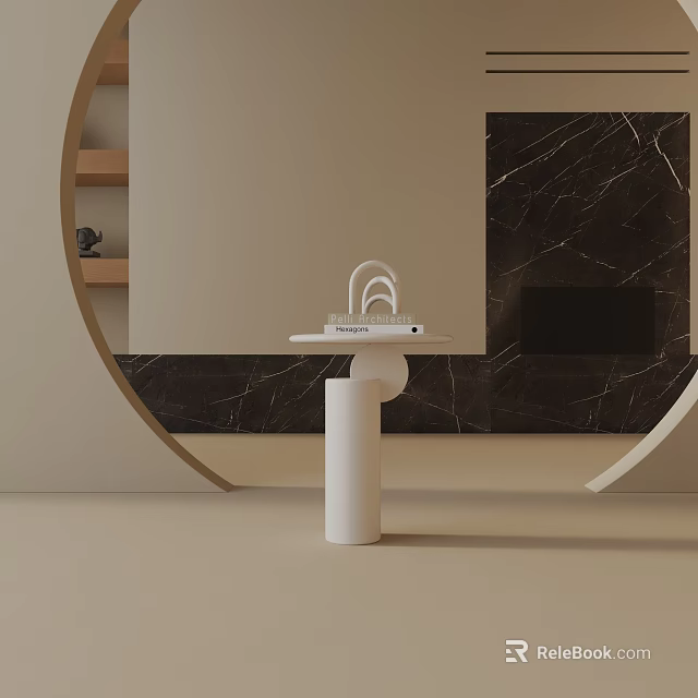 Modern White Cylindrical Side Table With Decorative Items On Marble Wall Background 3d model 