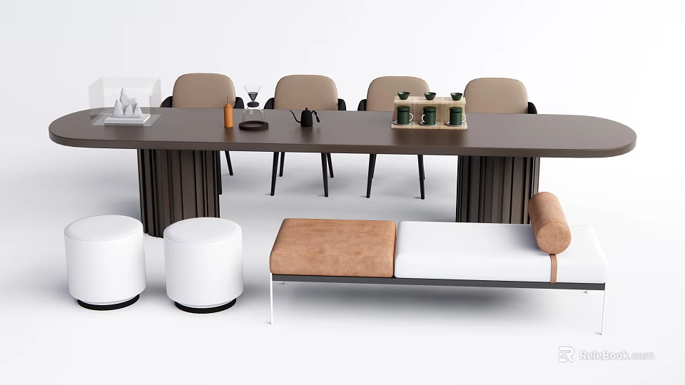 Modern Minimalist Dining Table Set With Beige Chairs White Stools And Padded Bench 3d model