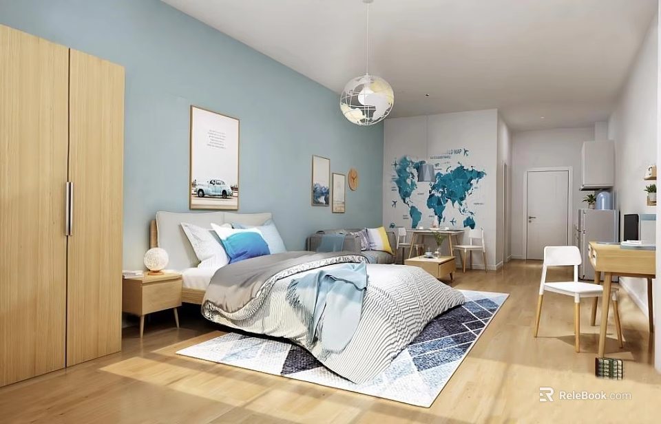 Light Blue Walls Apartment With Wooden Wardrobe Gray Blue Quilt Map Art And Spherical Pendant Light 3d model 