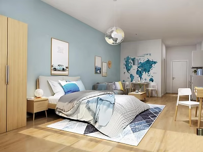 Light Blue Walls Apartment With Wooden Wardrobe Gray Blue Quilt Map Art And Spherical Pendant Light 3d model