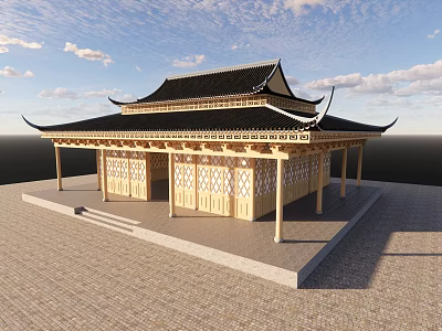 Ancient Chinese Architecture With Black Roof Overhanging Eaves Wooden Structure And Carved Windows 3d model