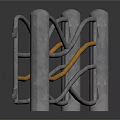 Modern Metal Fence With Wavy Design And Orange Lines On Reflective Surface With Sturdy Posts