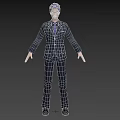 3D Model Man Wearing Suit with Blue Hair and Purple Tie Standing Against Gray Background