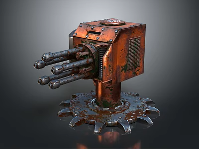 Rusty Multi Barrel Cannon Mechanical Device With Gear Base And Metal Structure 3d model