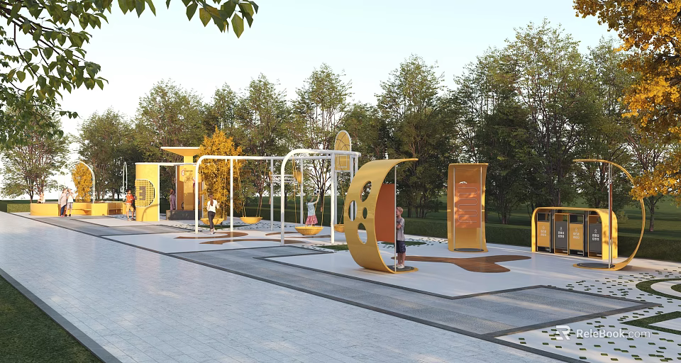 Outdoor Playground Equipment For Kids In Park With Yellow Climbing Structures And Trees 3d model 