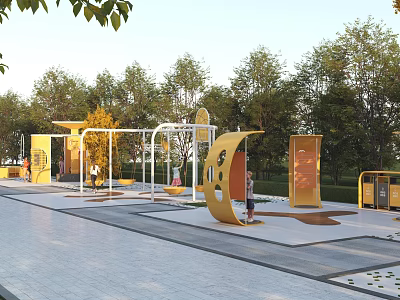 Outdoor Playground Equipment For Kids In Park With Yellow Climbing Structures And Trees 3d model