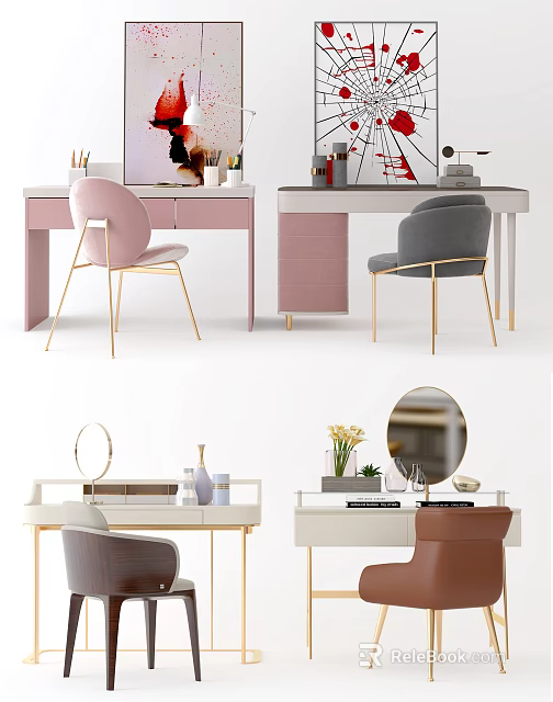Modern Stylish Vanity Tables With Colorful Chairs Round Mirror And Decorative Items 3d model 