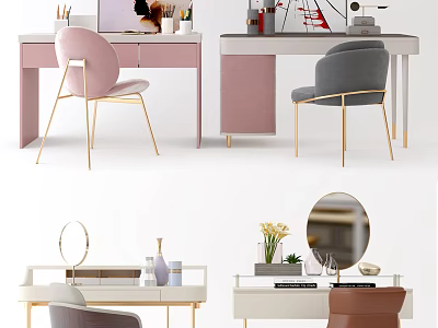 Modern Stylish Vanity Tables With Colorful Chairs Round Mirror And Decorative Items 3d model