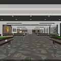Spacious Billiard Room With Multiple Tables Ceiling Lights Wall Art And Patterned Floor