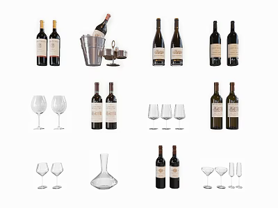 Stylish Wine Bottles and Glasses Display Set With Ice Bucket Decanter And Goblets 3d model