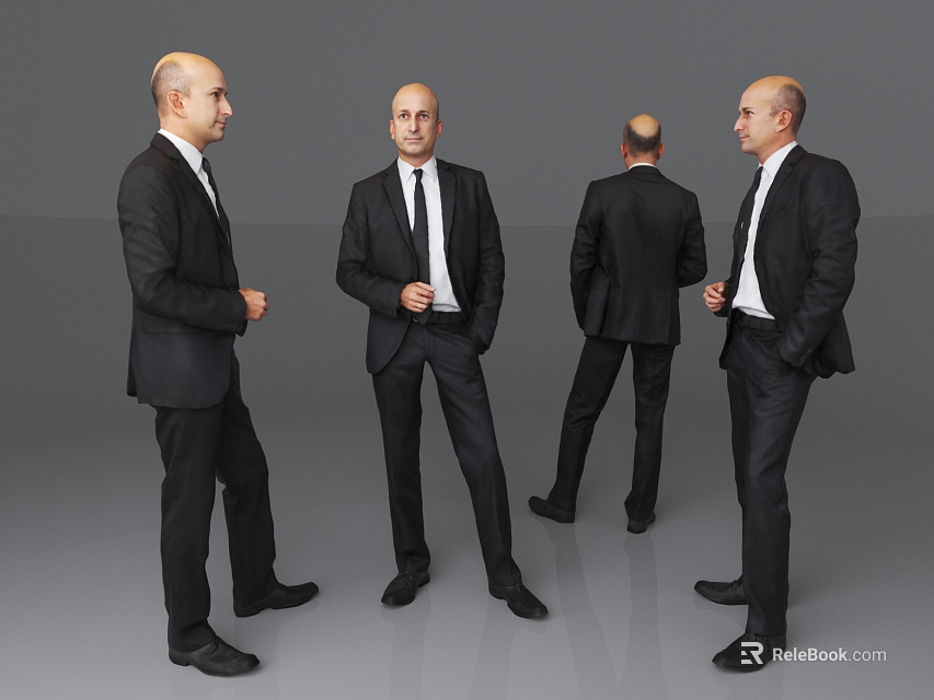 Professional Men In Black Suits With Ties In Different Standing Poses 3d model 