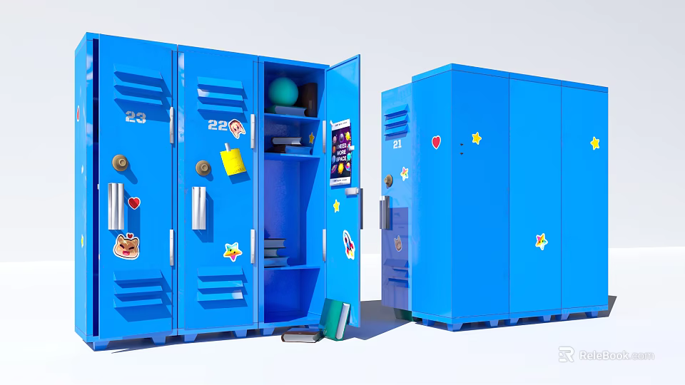 Blue Lockers With Open Door And Stickers Containing Ball Books And Supplies 3d model 