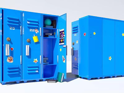 Blue Lockers With Open Door And Stickers Containing Ball Books And Supplies 3d model