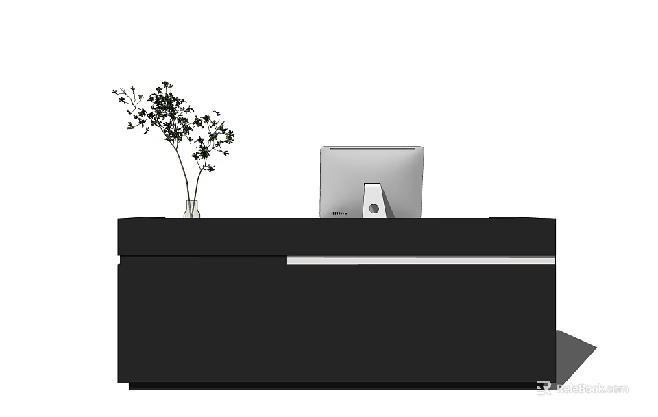 Stylish Black Reception Desk With Sleek Design Computer Monitor And Green Plant 3d model 